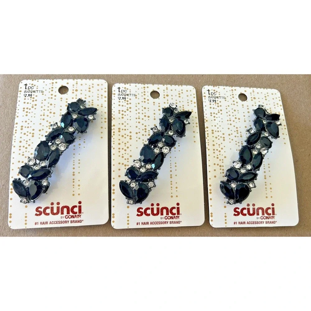Scunci Barrette Black Silver Bead Rhinetones‎ Formal Hair Clip Lot of 3 New 3.5